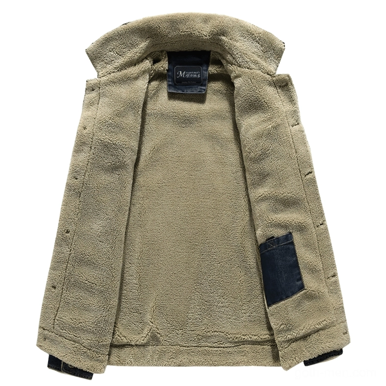 Interior view of men's gothic denim jacket, full faux shearling lining, branded inner tag, hidden interior pocket storage