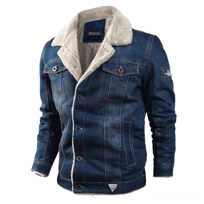 Men's gothic denim jacket with shearling collar, front left three-quarter view, dark wash heavy-weight winter denim with faux shearling lining