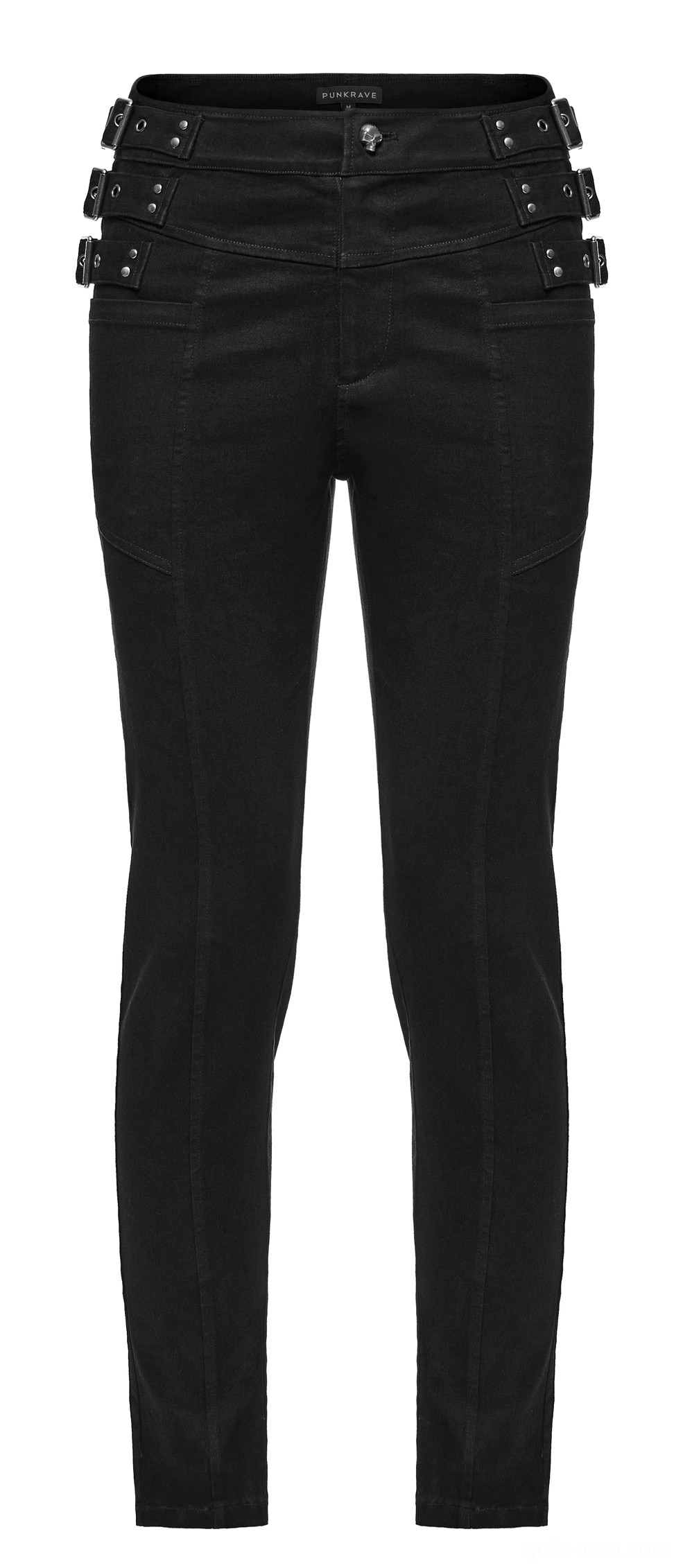 Close-up of black gothic denim pants front seam construction and slim leg taper detail