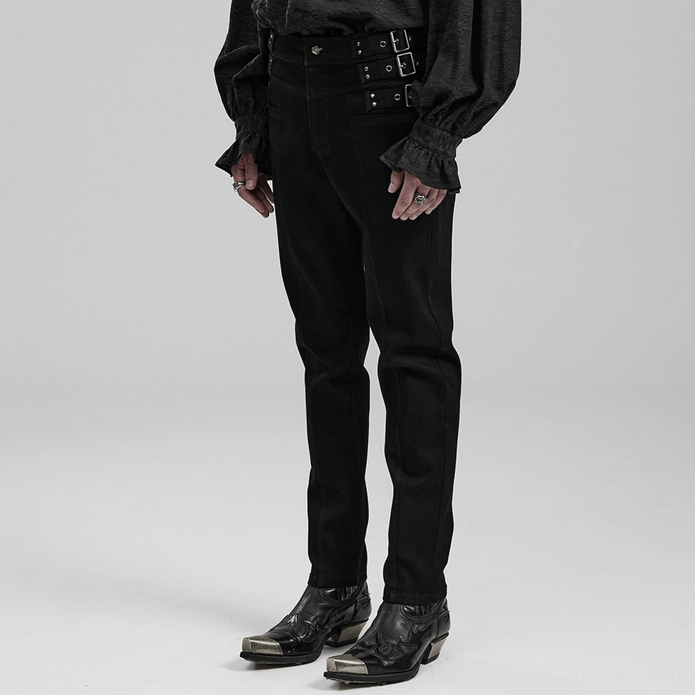 Tailored front seam detail of black gothic slim-fit denim pants showing precision construction