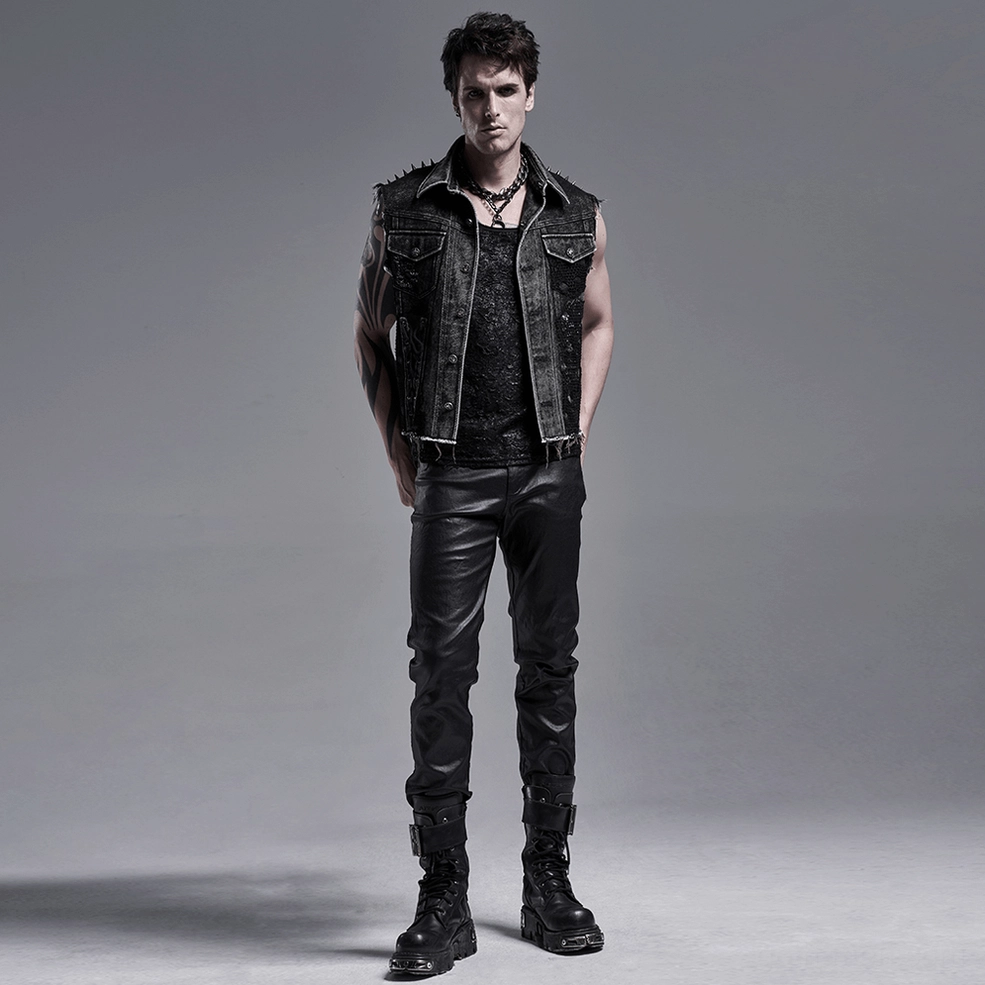 Black gothic denim vest - angled studio shot showing three-dimensional mesh panel construction