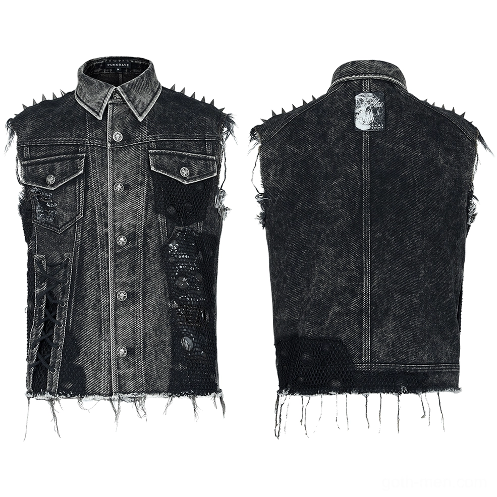 Black acid-washed gothic denim vest flat lay - front and rear view displaying mesh panels and distressed details