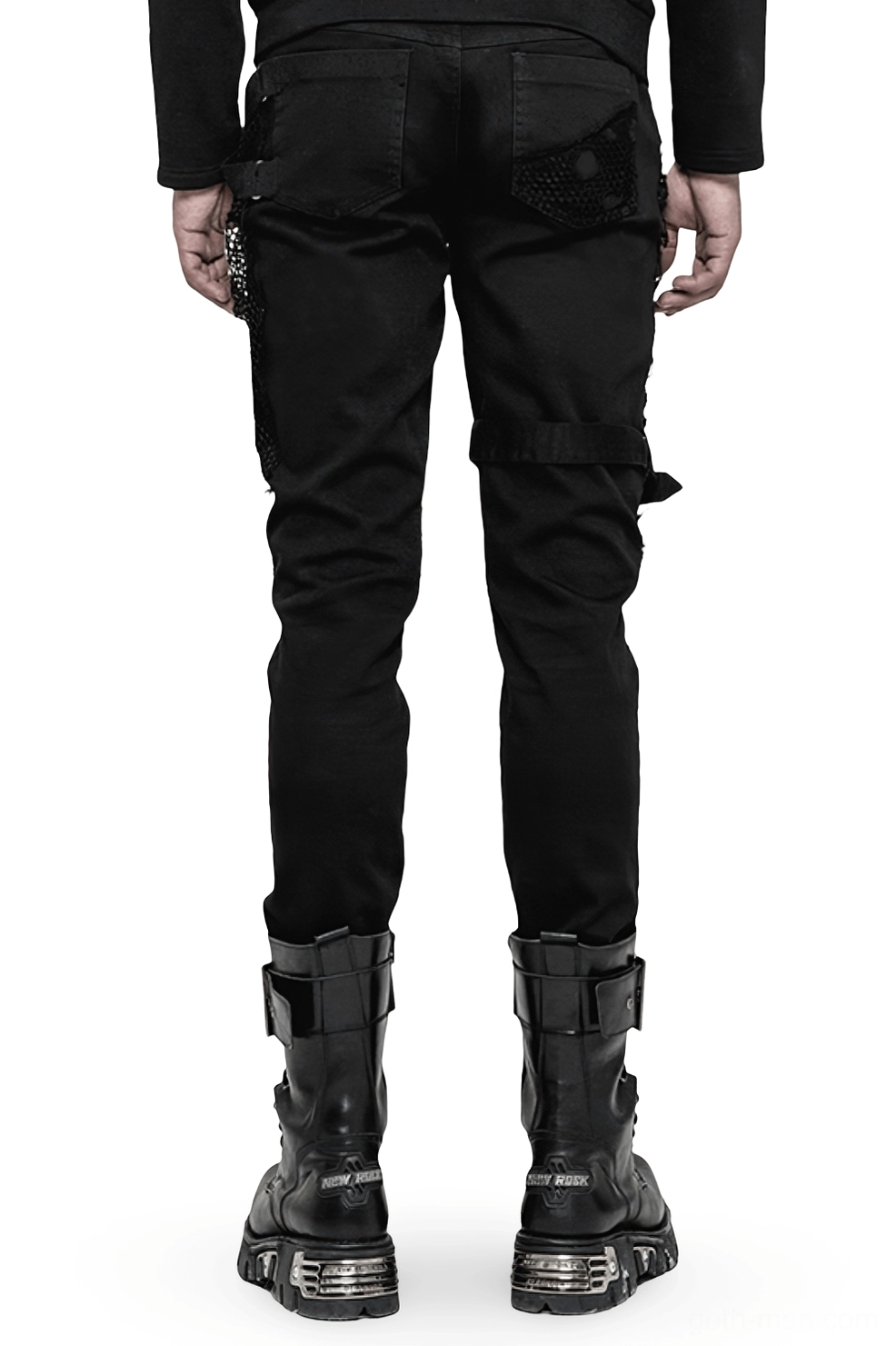 Rear full-body view of gothic black denim jeans with distressed details, back patch pockets and adjustable leg straps
