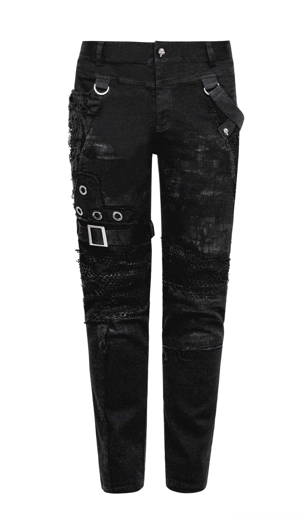 Close-up front view of gothic jeans highlighting metal eyelets, buckle straps and distressed faded black denim texture