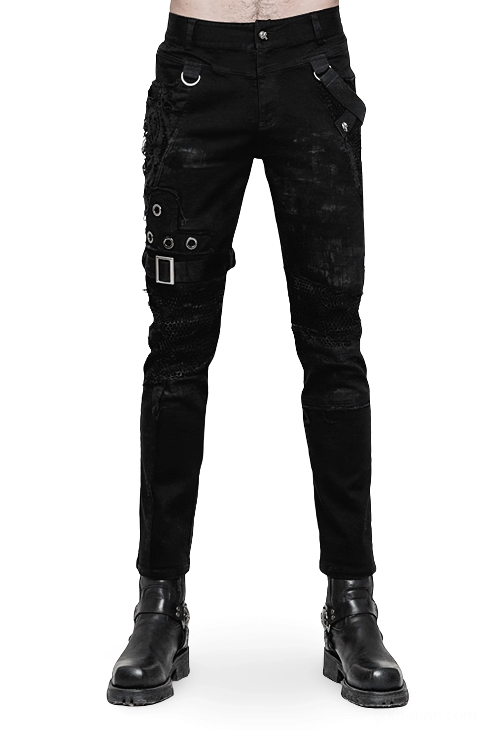 Front full-body view of men's gothic distressed black jeans with lace mesh panels and metal buckle straps on white background