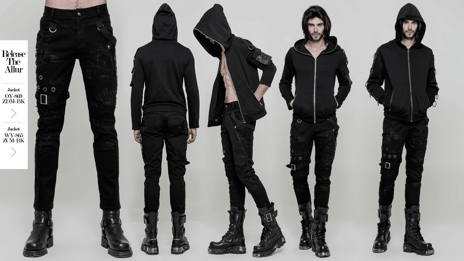 Full product presentation of men's black gothic distressed jeans with lace mesh and metal buckle hardware on white