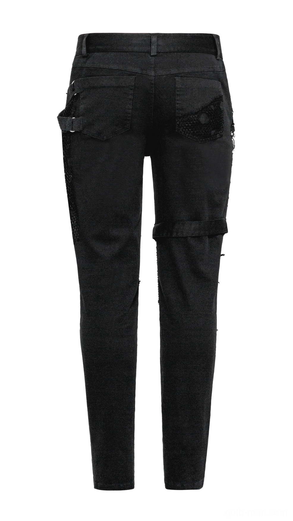 Rear flat lay view of black gothic jeans displaying patch back pockets, adjustable leg strap and slim tailored fit