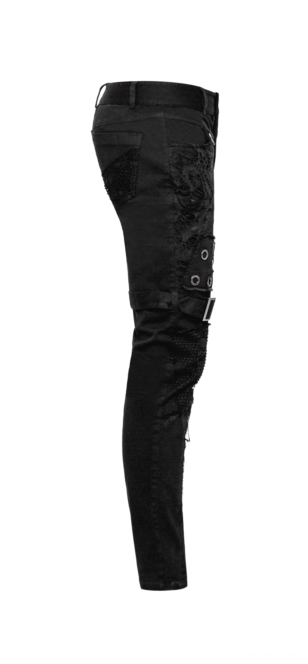 Side profile of single leg showing distressed mesh fabric panels and metal eyelet details on gothic black denim