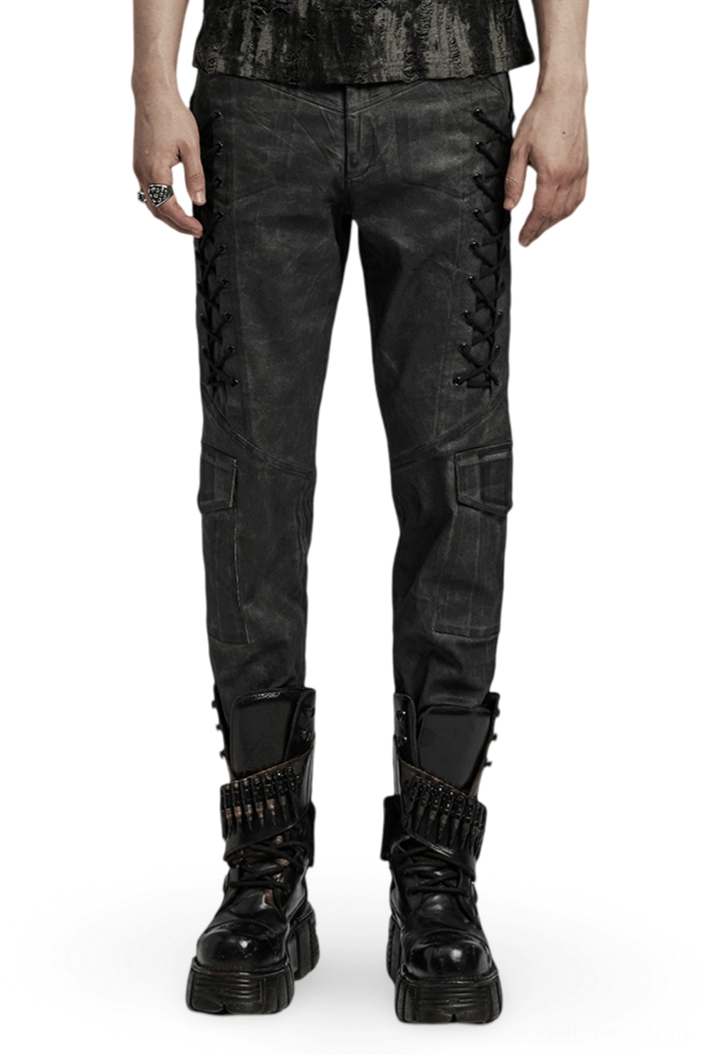 Gothic distressed cargo pants front view on male model with side lace-up details and skull button closure, studio shot