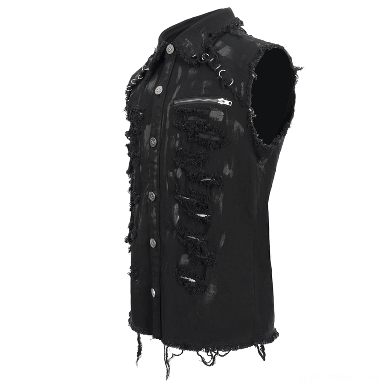 Gothic distressed shirt side view highlighting frayed edges and metal button front with ripped panel details