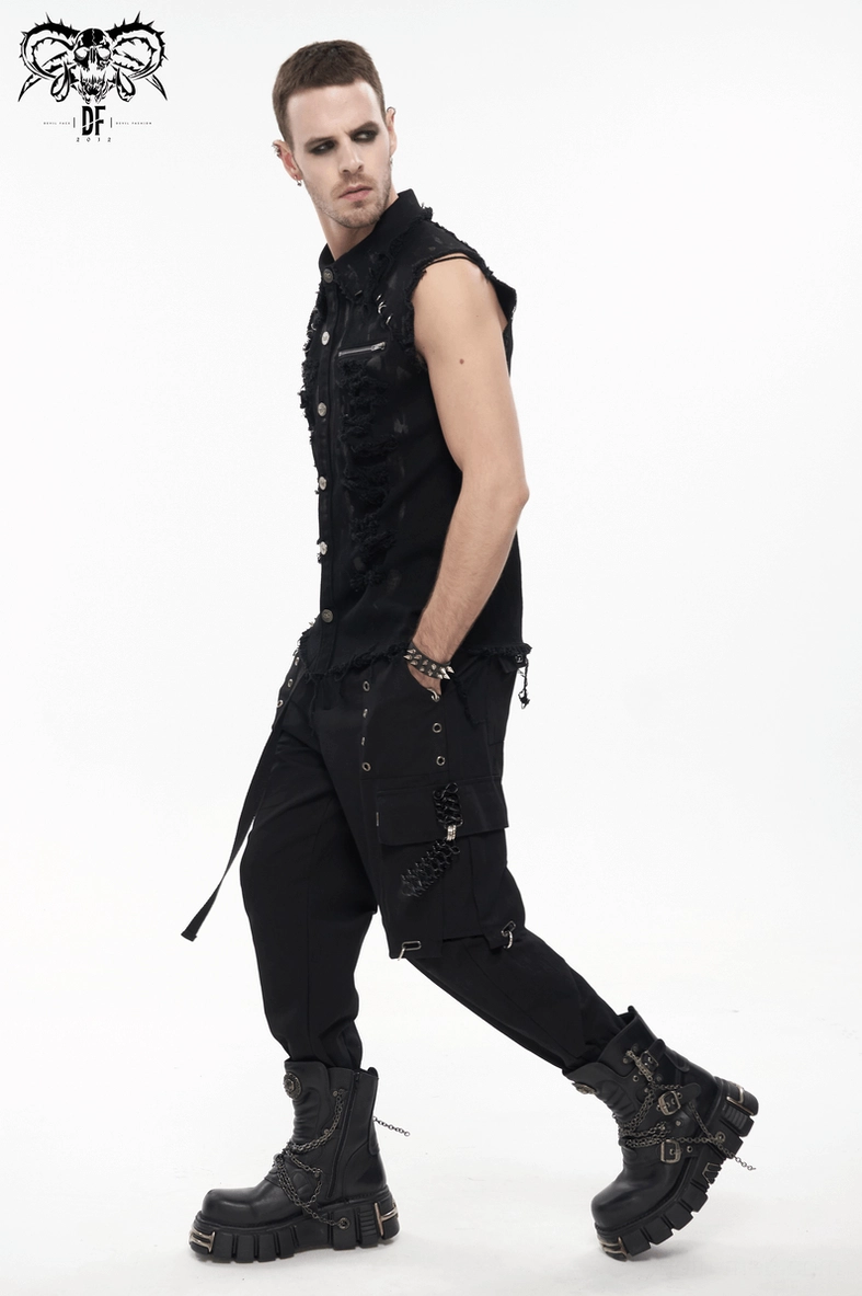 Gothic distressed sleeveless shirt detail view featuring industrial metal hardware and strategically placed rips with tapered hem