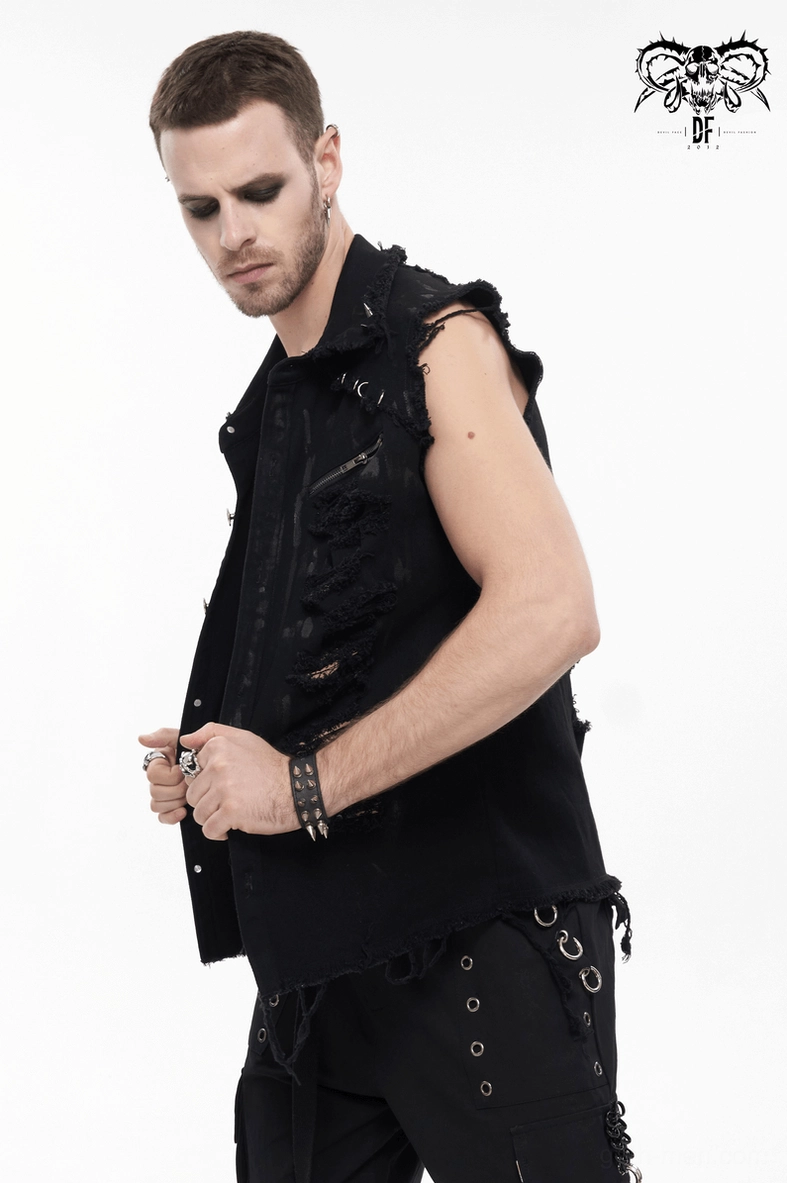 Men's gothic distressed sleeveless shirt style view displaying ripped details, frayed elements, and industrial metal accents