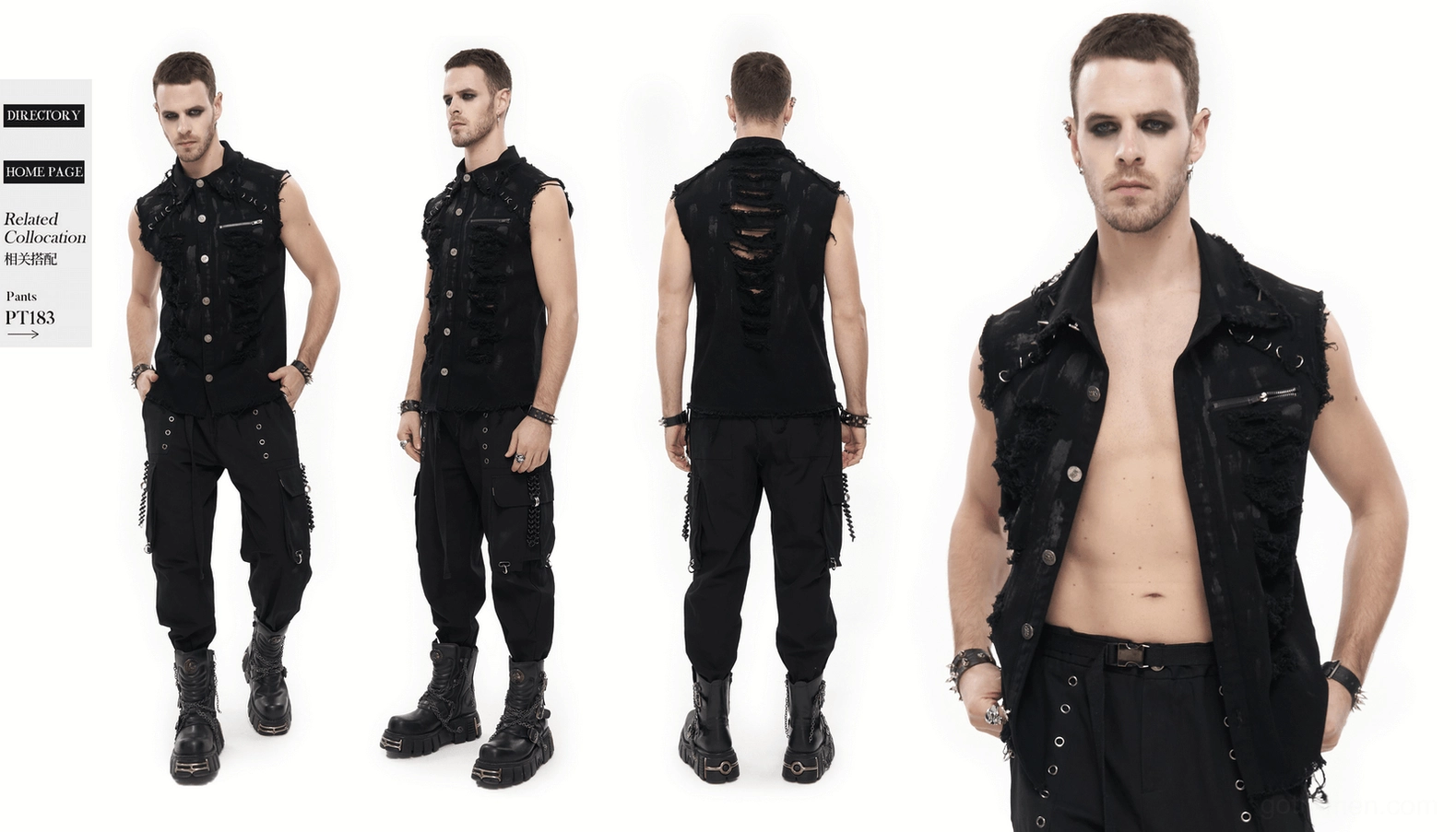 Gothic distressed sleeveless shirt full presentation with woven black fabric, metal decorations, and punk-gothic styling