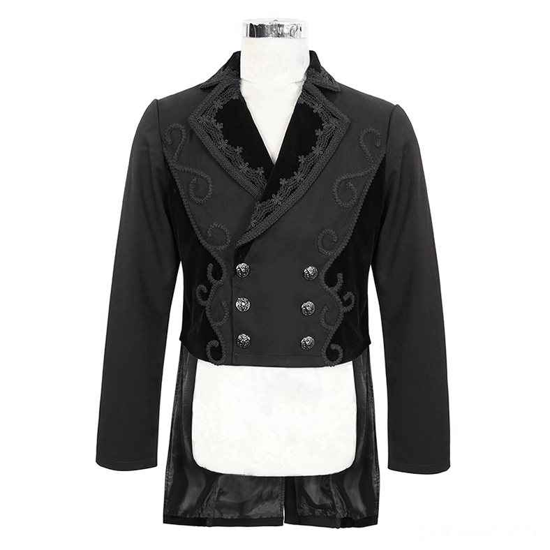 Black double-breasted gothic coat on dress form, front view showcasing velvet lapel panels and snap button construction