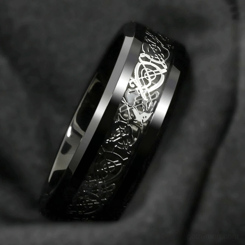 Reverse side of stainless steel dragon ring showing detailed engraving and band architecture