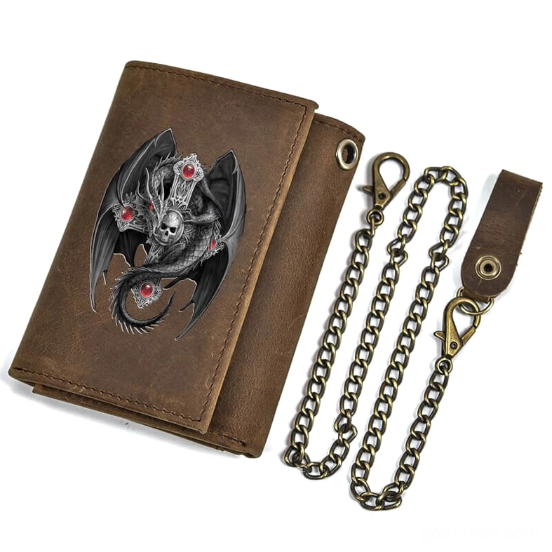 gothic dragon leather wallet with antique brass chain attachment, left side view showing embossed skull and dragon design on vintage brown leather