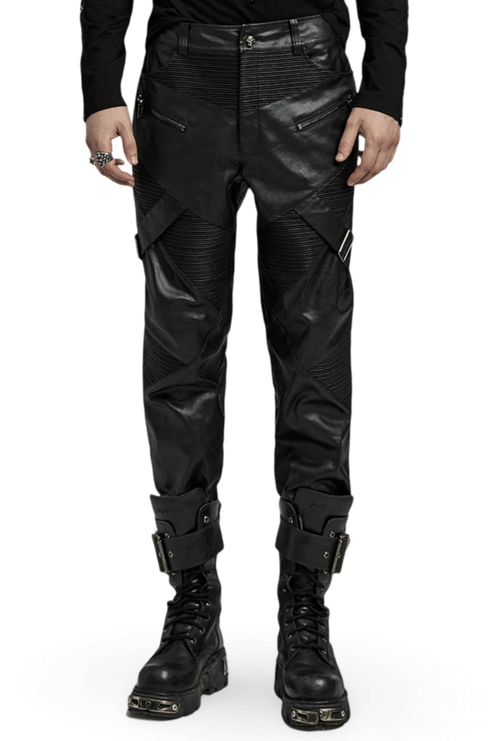 Men's gothic drawstring leather pants front view with cross-ribbed panels and metal zipper details