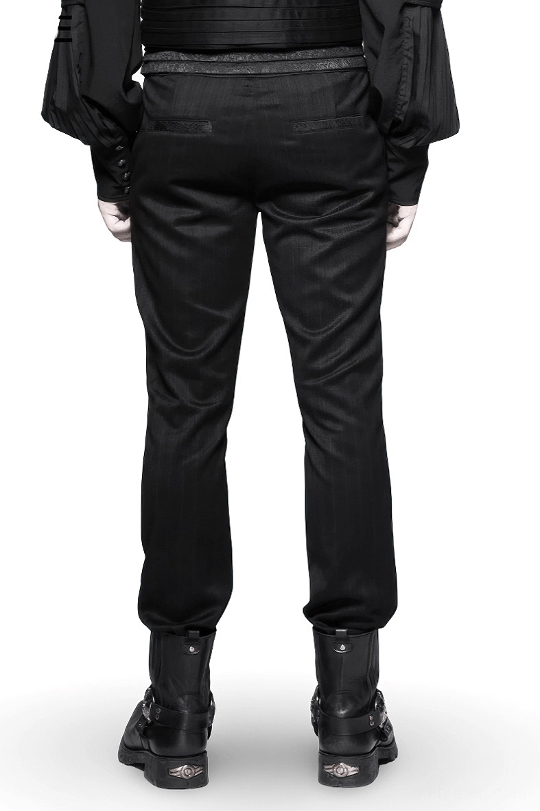 Black striped gentlemen's trousers rear view, decorative patterned waistband detail, steampunk inspired