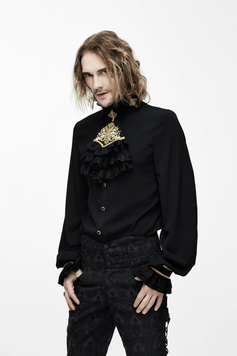 Black gothic dress shirt with stand collar and ornate gold-embroidered chest decoration, studio view