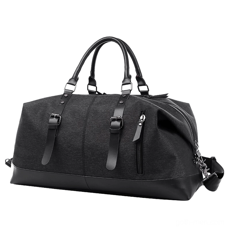 Black Oxford canvas gothic duffel bag with black leather trim and side zipper pocket, front view with minimalist dark aesthetic