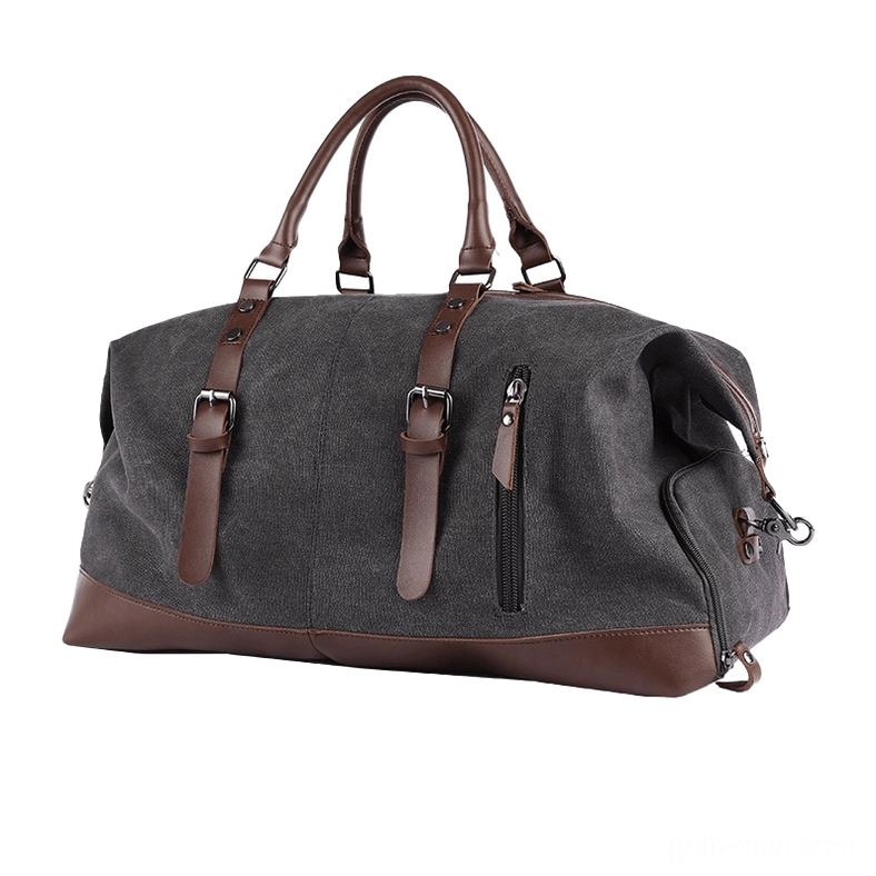 Brown leather trim gothic canvas travel bag with dual top handles, direct front view showing structured silhouette