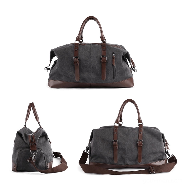 Gothic canvas duffel bag collection showing multiple color options in matching dark aesthetic design