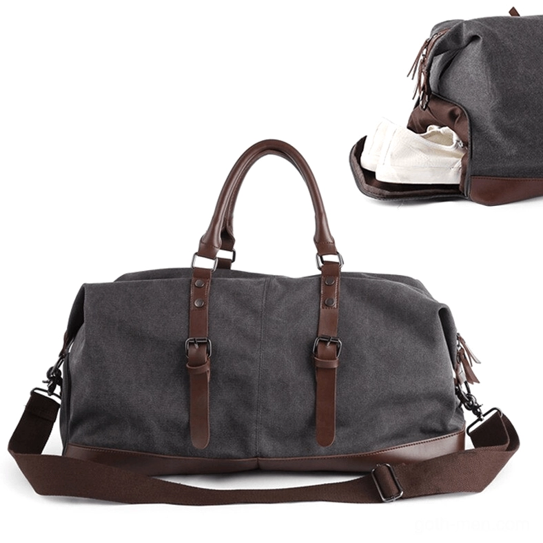 Gothic duffel bag with dry-wet separation pocket detail, demonstrating independent compartment organization feature
