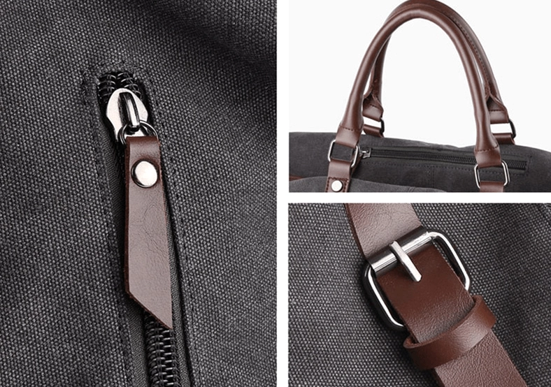 Gothic canvas duffel bag showing leather trim aging and patina development over time, authentic weathering