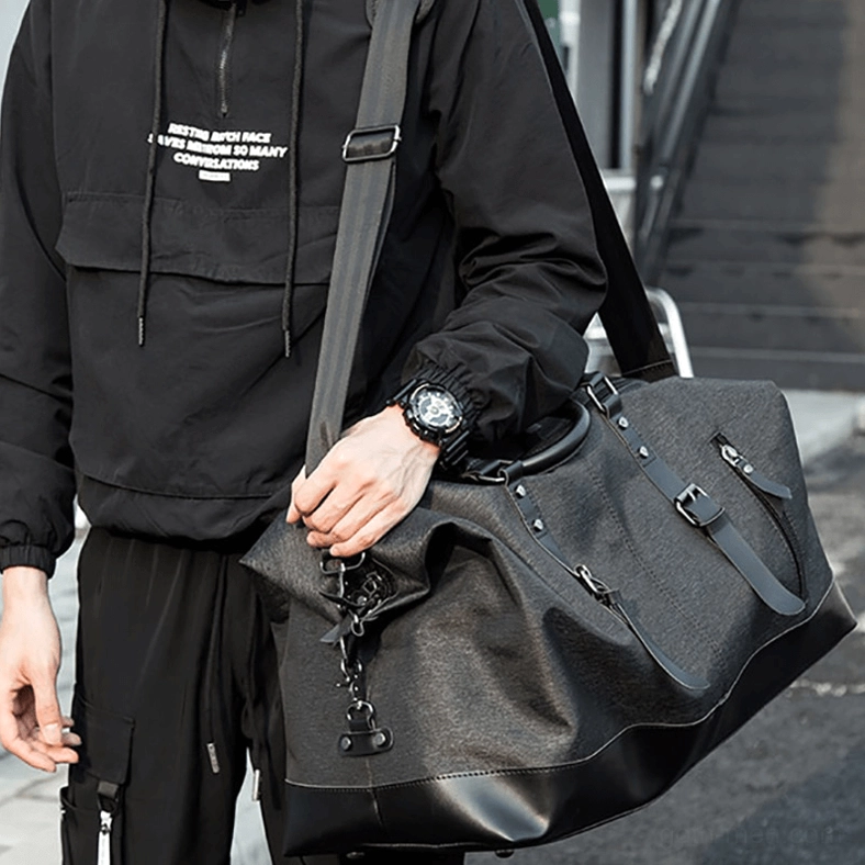 Gothic Oxford canvas duffel bag premium material texture detail showing Oxford weave and leather accent quality