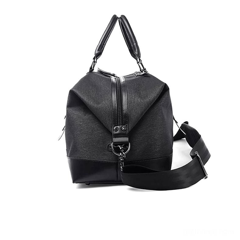 Gothic travel duffel bag rear view showing front zipper closure and premium metal hardware details