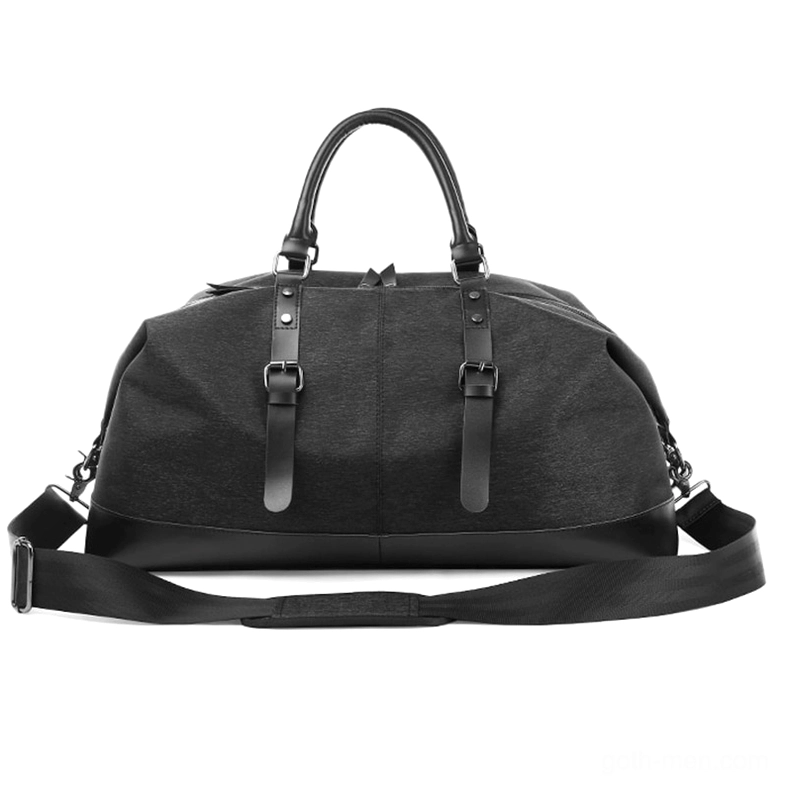 Black gothic men's duffel bag front view with removable shoulder strap and decorative buckle straps, minimalist design