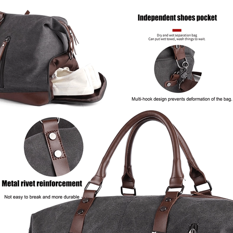 Gothic men's duffel bag close-up featuring metal rivet reinforcement and anti-deformation structural details