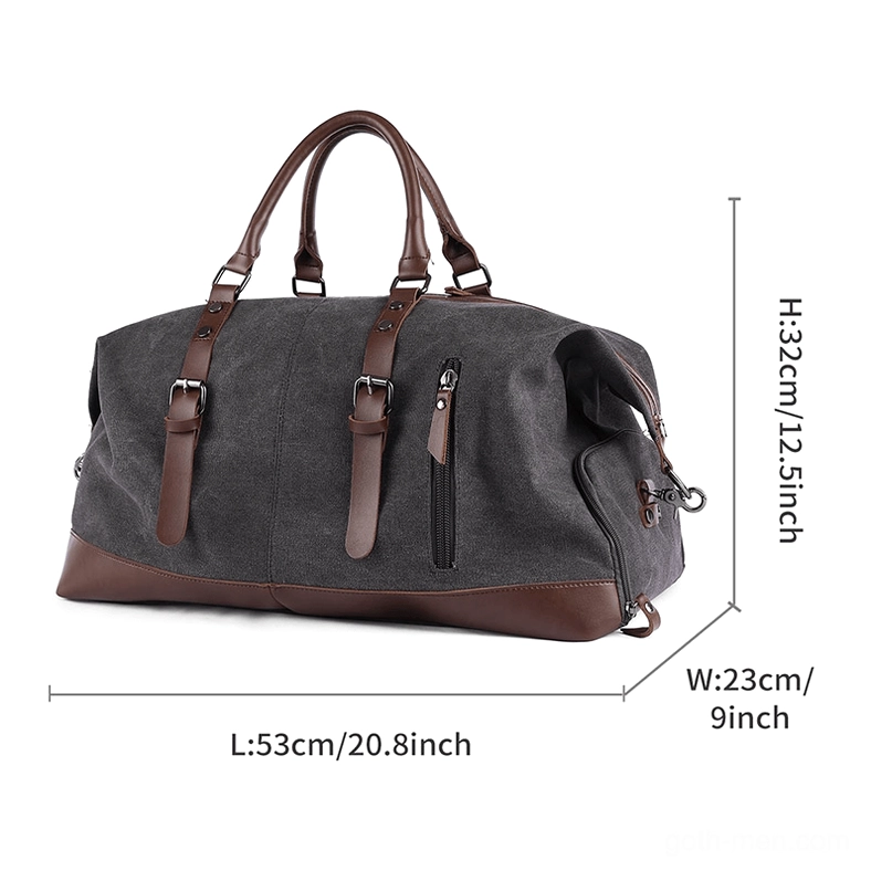 Dark gray gothic duffel bag side profile with brown leather accents and dimension measurements 53x23x32cm
