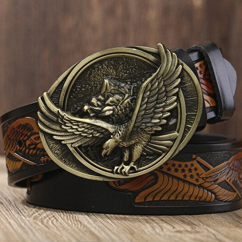 Men's gothic eagle buckle belt with bronze-tone plaque and western embossed patterns on black leather