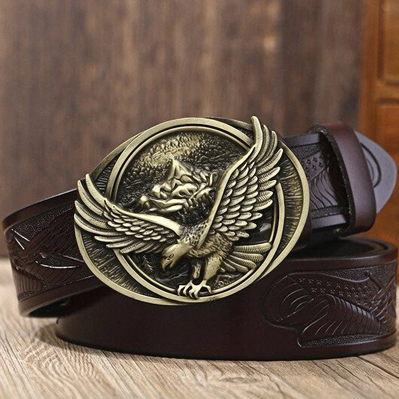 Gothic eagle buckle belt in dark brown cowhide leather with gold-tone cast metal eagle plaque