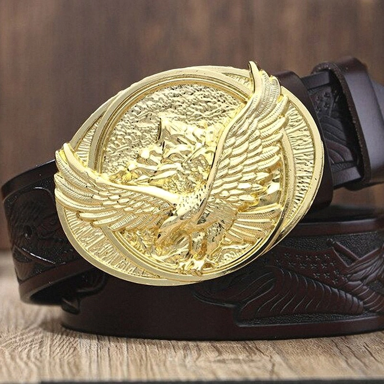 Brown leather gothic eagle belt with gold-tone buckle, angled side view showcasing craftsmanship