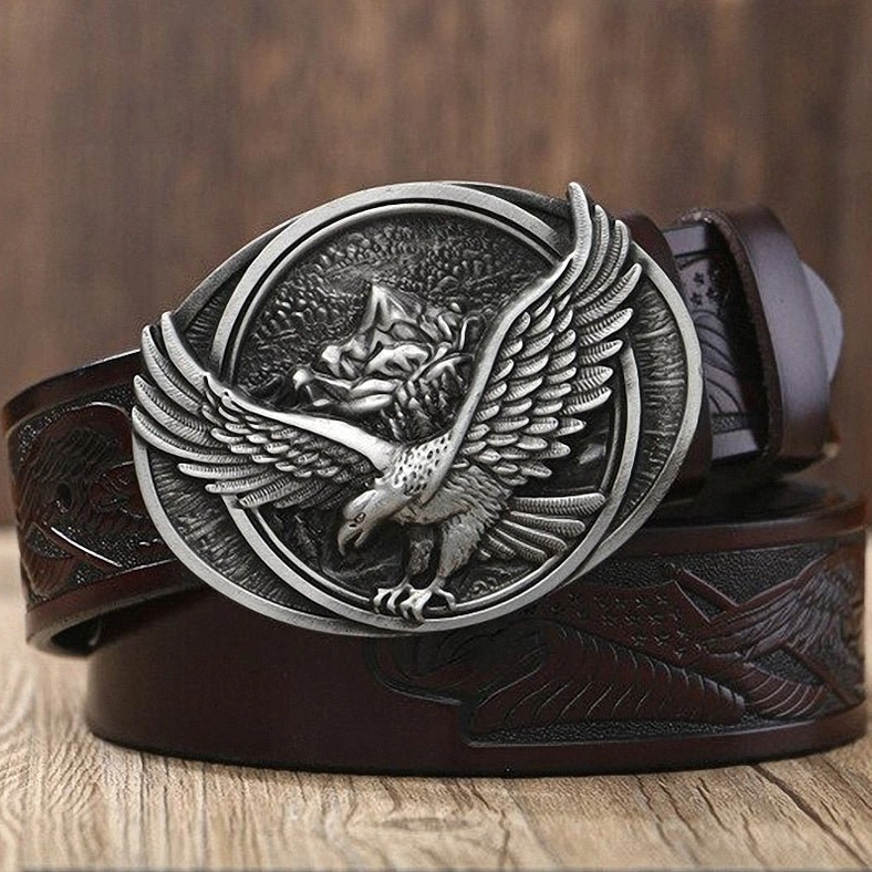 Dark brown cowhide gothic belt with silver-tone eagle buckle, premium leather construction