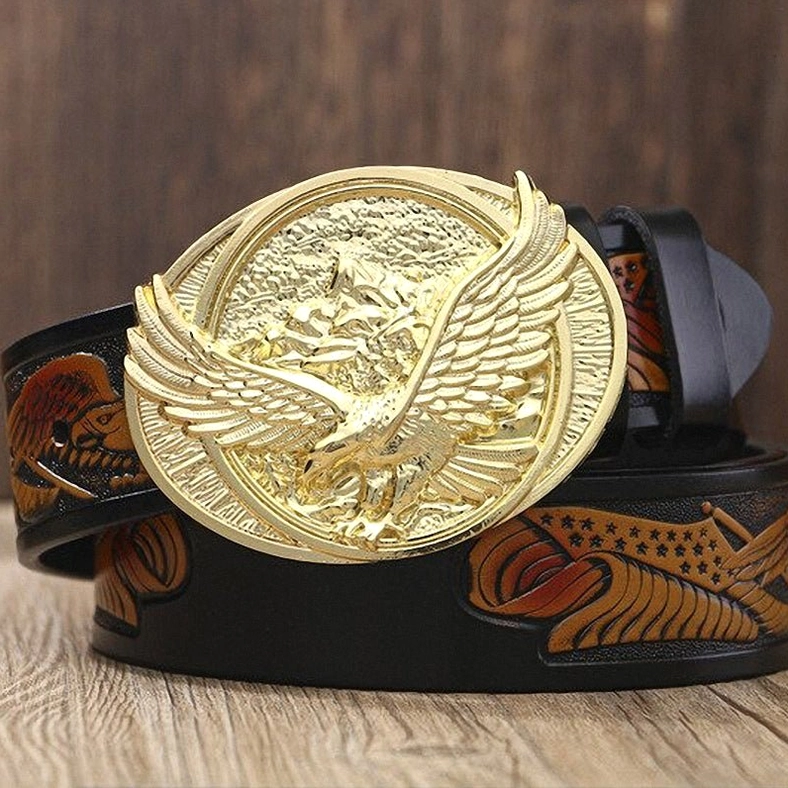 Dark gothic eagle buckle belt featuring gold-tone metal plaque with orange embossed patterns on black cowhide