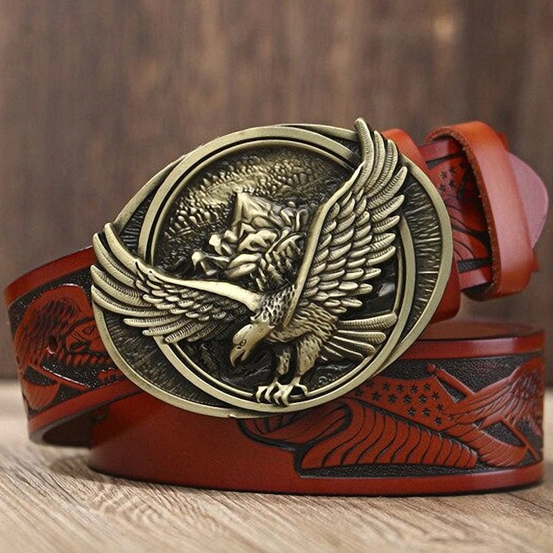 Reddish-brown leather gothic eagle buckle belt with bronze-tone metal plaque and embossed detailing
