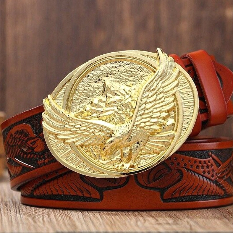Red brown genuine cowhide gothic eagle belt with gold-tone cast metal buckle, multiple size options