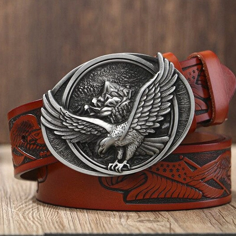 Red brown leather gothic eagle buckle belt with silver-tone metal plaque, versatile sizing 110-130cm