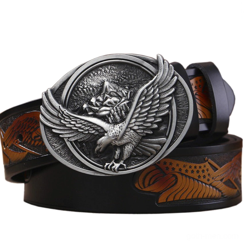 Gothic eagle buckle leather belt for men with silver-tone metal plaque on black embossed cowhide strap, front view