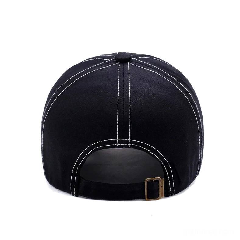 Back view of black gothic baseball cap featuring adjustable strapback buckle closure mechanism