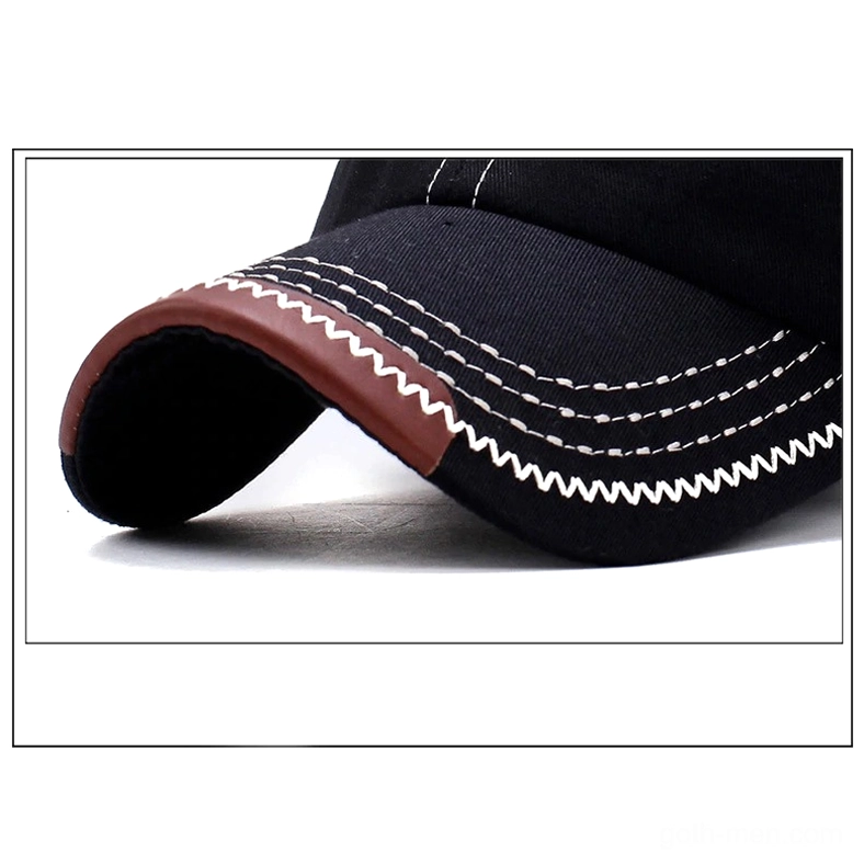 Close-up detail of gothic cap brim showing zigzag contrast stitching and faux leather trim