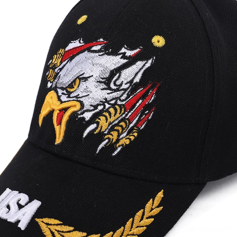 Close-up detailed view of black gothic military cap showing intricate eagle embroidery and USA text emblem