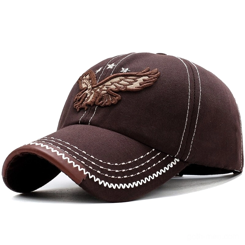 Coffee brown cotton twill gothic baseball cap with 3D eagle embroidery and faux leather brim trim, front view