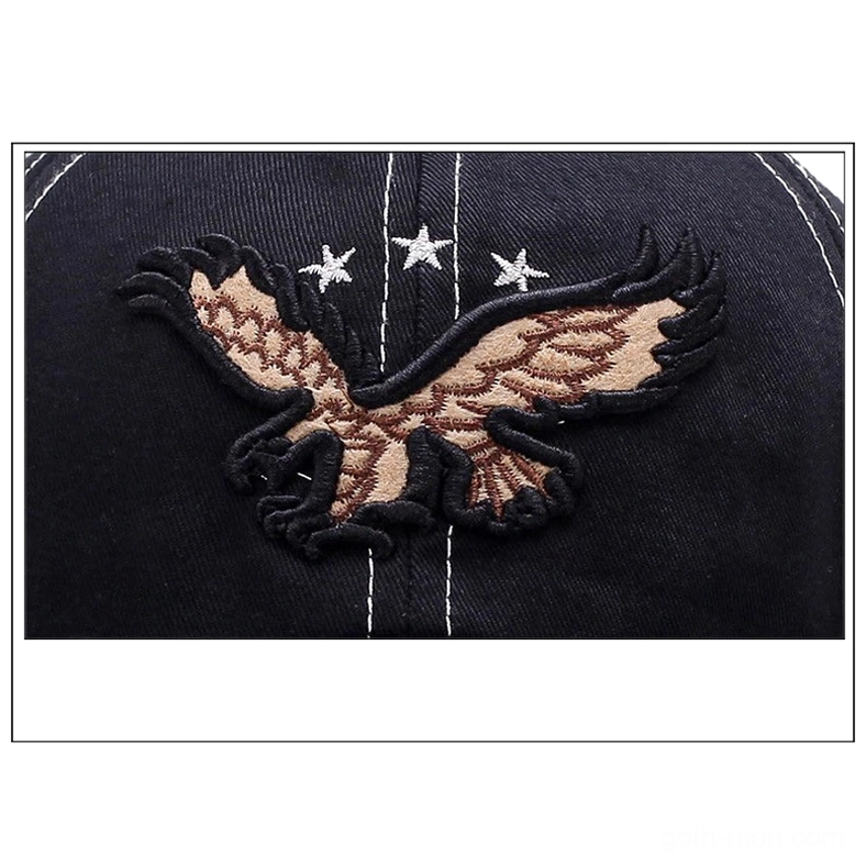 Macro close-up of 3D embroidered eagle with star accents on cotton twill fabric, embroidery detail