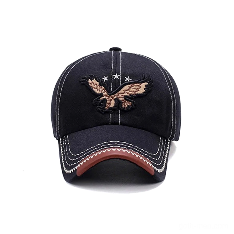 Black gothic baseball cap featuring detailed 3D eagle and star embroidery on cotton twill fabric, direct front view