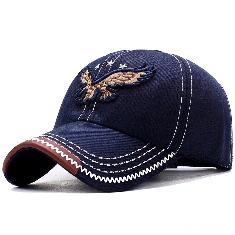Navy blue 3D eagle embroidered gothic baseball cap with contrast topstitching, three-quarter front angle