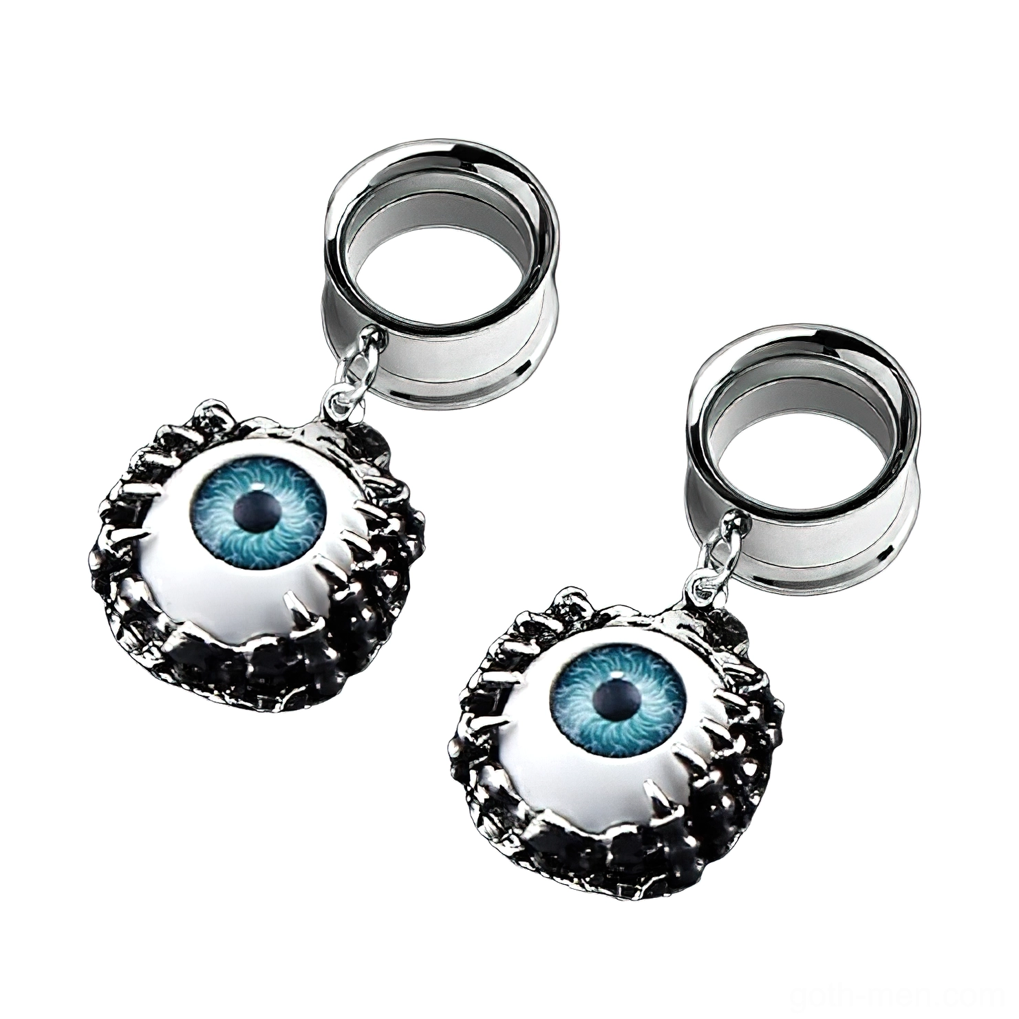 Pair of grunge blue eye ear tunnels showing angled view with mixed metal trim and surgical steel construction